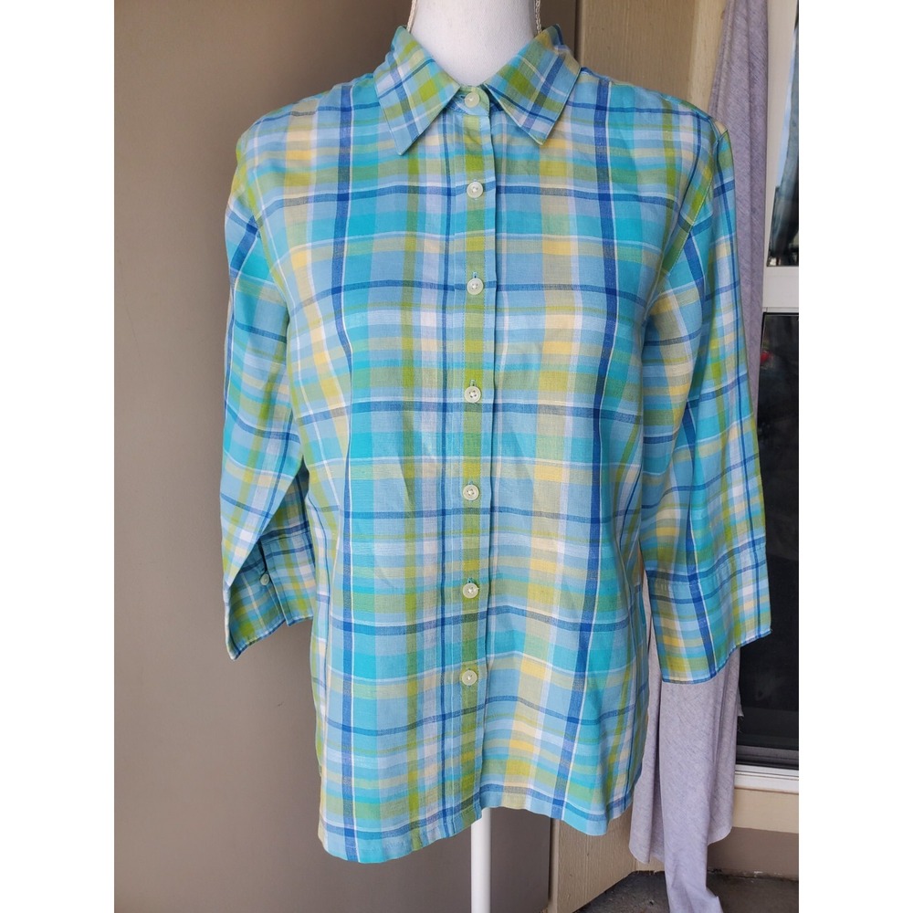 Talbots Top‎ Womens Petite Medium Green Blue Irish Linen Blend Flowy Lagenlook